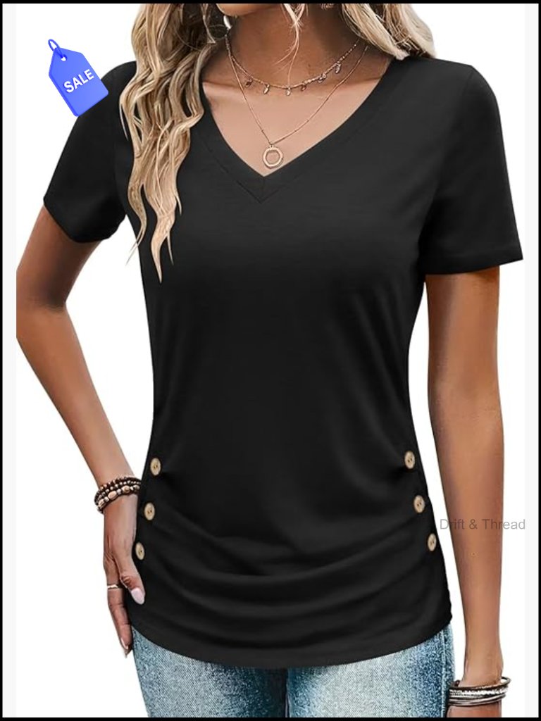 V-Neck Ruched T-Shirt Slim Fit Short Sleeve Blouse Business Casual
